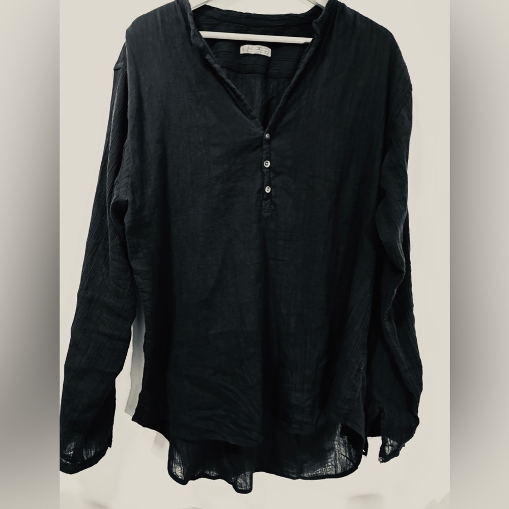 ZARA MAN Black crinkled cotton semi sheer V-neck Henley men’s shirt XXL